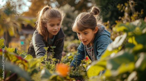 Young smiling girl working at garden and digging out fresh green lettuce, garden expert is teaching group of teenage student.