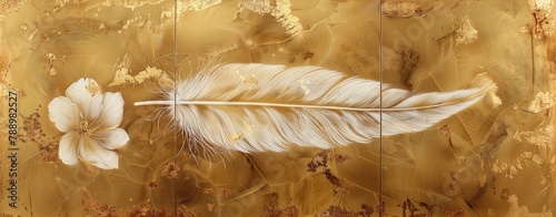 Golden Feather Triptych on Marbled Wall Art Decor.