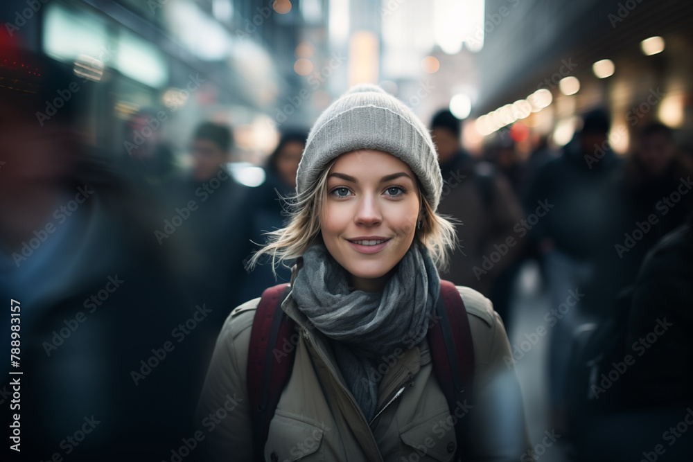 A woman looks at the camera isolated from the crowd passing around her on the city streets A woman looks at the camera isolated from the crowd passing around her on the city streets