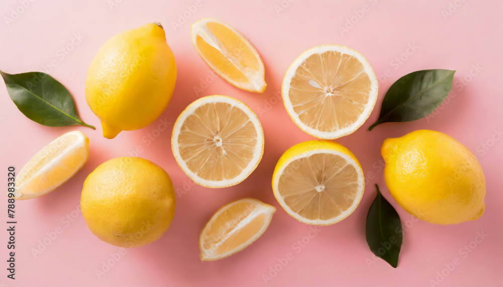 Top view photo of cut and whole lemons on isolated pastel pink background
