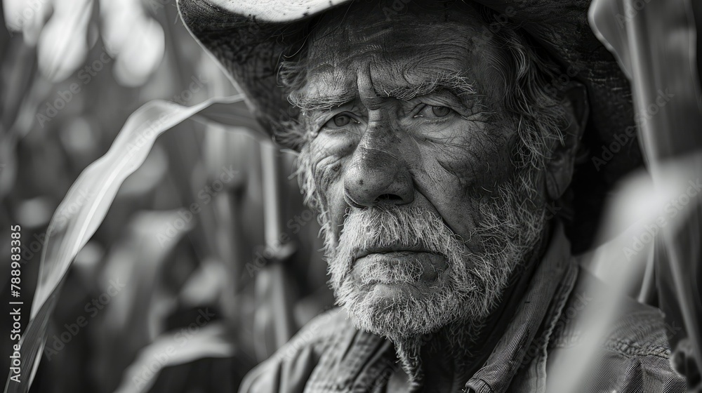 A senior farmer captured in a striking black and white photo is immersed in inspecting the cornstalks flourishing in his corn field A senior farmer captured in a striking black and white photo is immersed in inspecting the cornstalks flourishing in his corn field