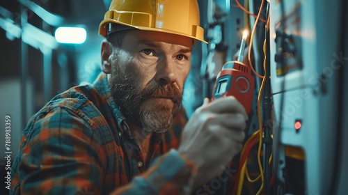 Electrician with furrowed brow, grips a voltmeter, tracing the flow of unseen current. Their determined gaze scrutinizes the buzzing circuit breaker, on a mission to restore power.