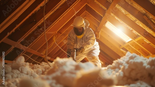Insulation installer wearing a protective suit, blowing insulation into the attic space with a specialized machine