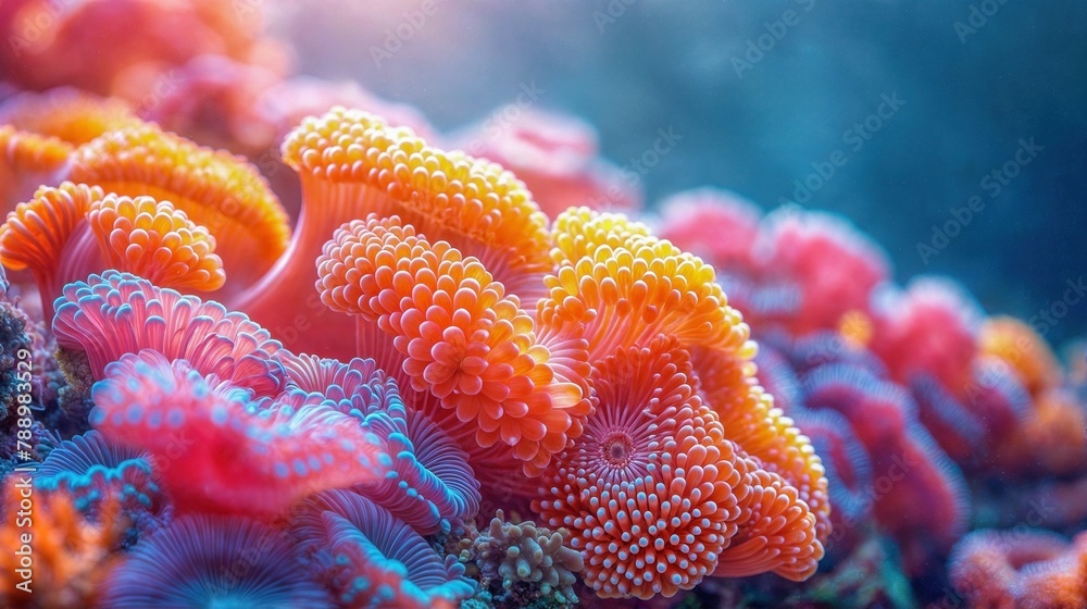 Obraz premium Close-up photograph of colorful sea anemones on a coral reef.