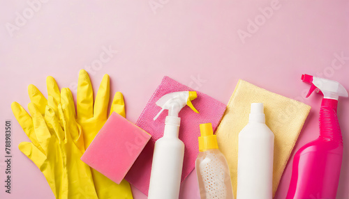 Top view photo of pink and yellow viscose rags rubber gloves sponges white spray and gel detergent bottles on isolated pink background with blank space
 photo