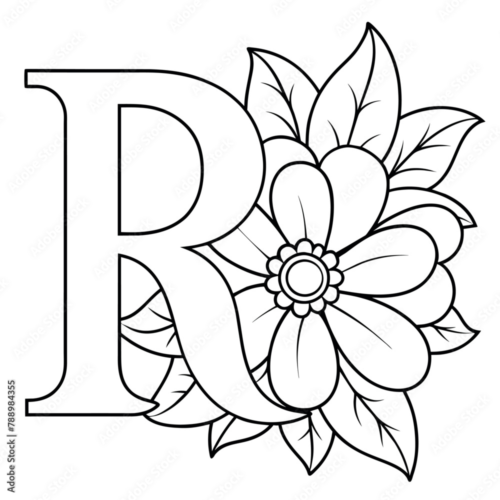 Alphabet R coloring page with the flower, R letter digital outline