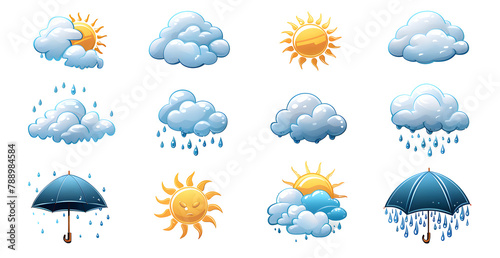 A set of weather icons including rain, sun, and clouds