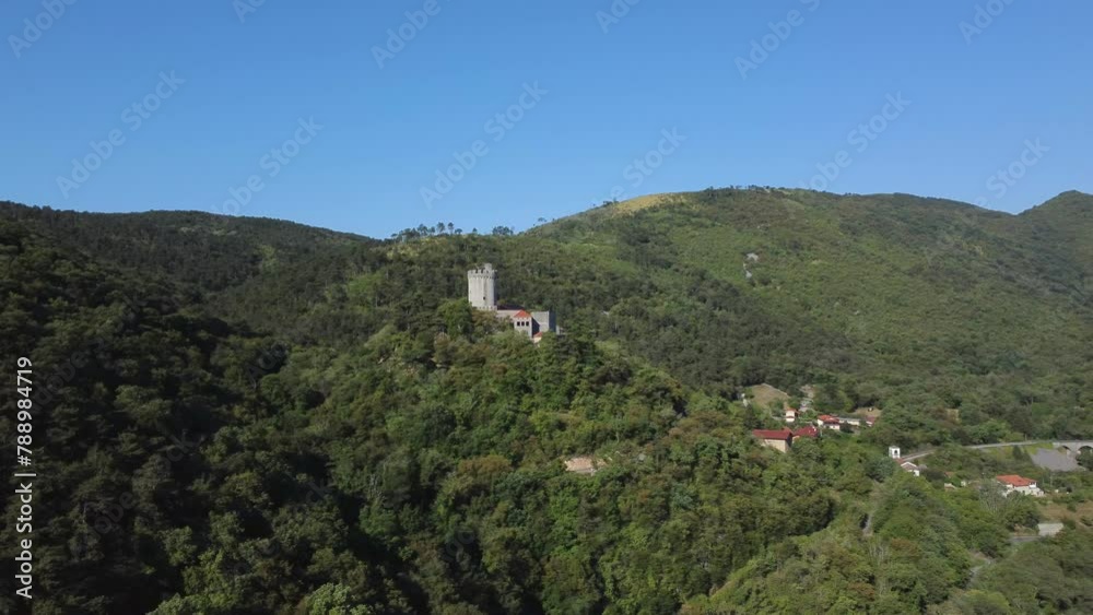 Castle Branik atop a hill overlooking a dense forest canopy, illuminated by sunshine Castle Branik atop a hill overlooking a dense forest canopy, illuminated by sunshine
