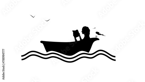 interesting book  Woman in Bath in the Ocean reading book  black isolated silhouette