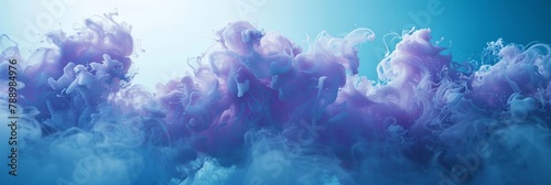 Purple clouds in light blue background with blue smoke, in the style of symbolism, cross processing, translucent water, octane render, interactive installation, precarious balance, textured splashes