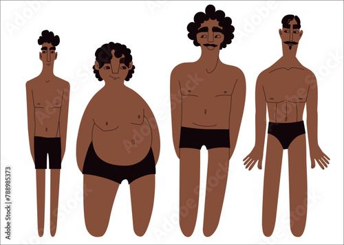Flat Latino men in underwear portraits of different shapes and sizes vector illustration set. Tanned brown skin people with black hair in cartoon style for multinational and diversity designs