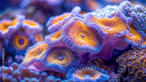Close-up picture of a marine scene within a coral system with sea anemones of striking colors