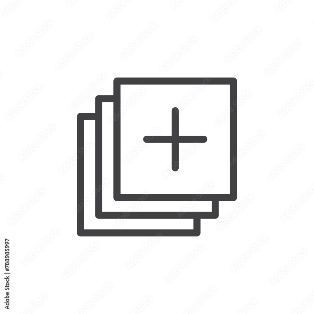 Addition Button and New Document Icons. Summing and Additional Pictogram Symbols.