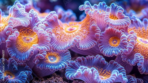 Close up underwater picture of sea anemones on a coral reef in shades of purple and orange.