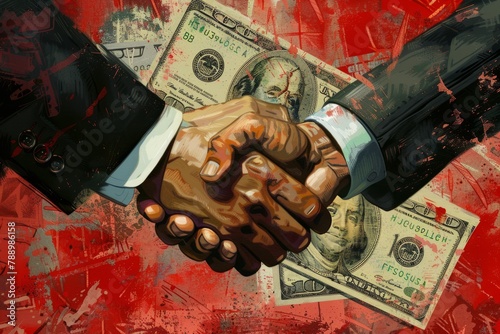business people shaking hands with paper money as background photo