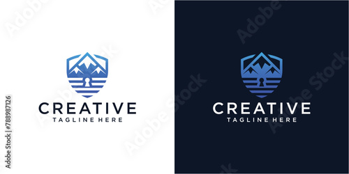 Modern mountain shield logo design template.