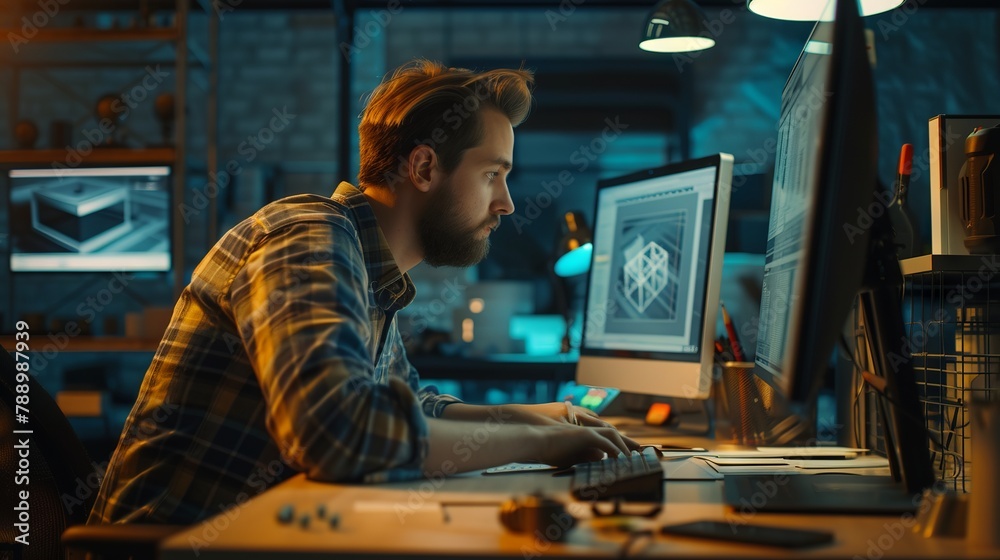 Expert digital engineer crafting precision 3D models with advanced cad software in modern industrial design workspace Expert digital engineer crafting precision 3D models with advanced cad software in modern industrial design workspace