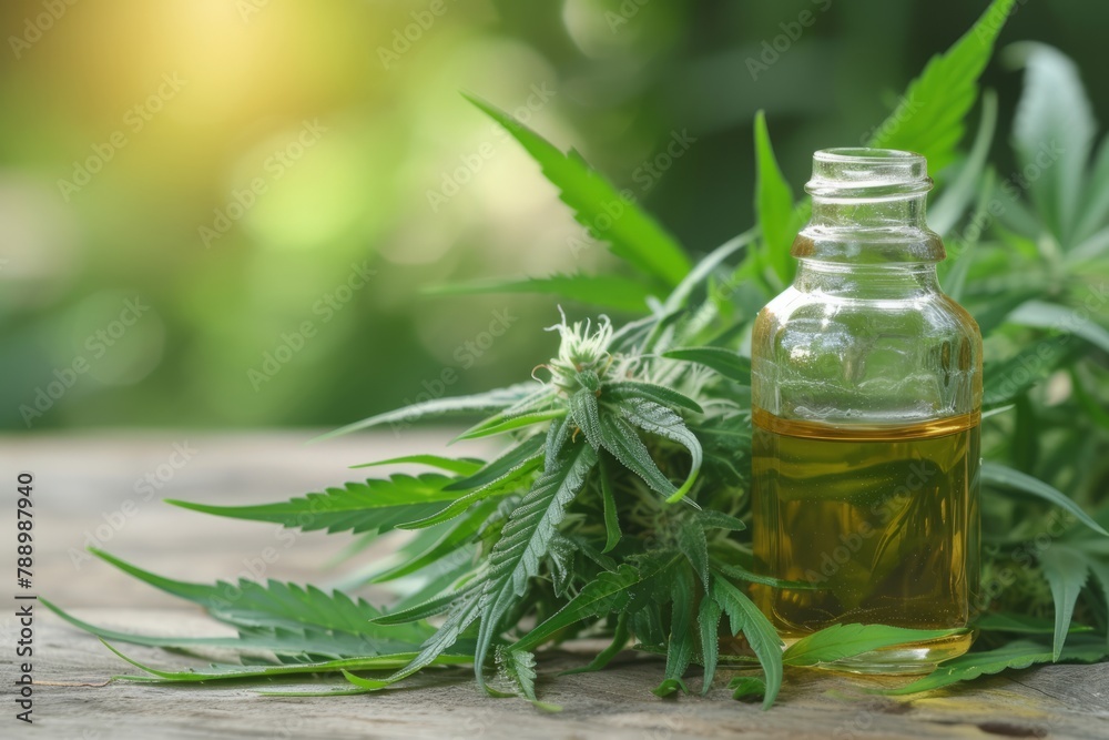 Jar with hemp oil on a background with hemp leaves, concept for cosmetic body and face care
Jar with hemp oil on a background with hemp leaves, concept for cosmetic body and face care