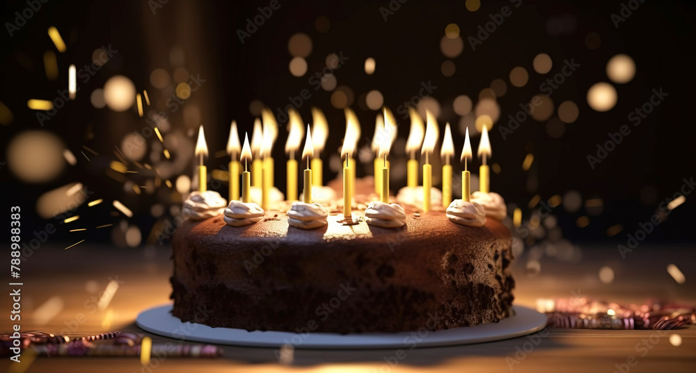 Close-up of a birthday cake with burning candles on a dark background, isolate. AI generated. Close-up of a birthday cake with burning candles on a dark background, isolate. AI generated.