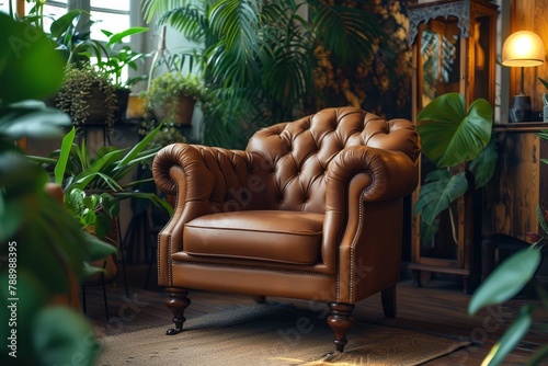 A large brown leather chair in the middle of a room surrounded by greenery and flowers
 photo