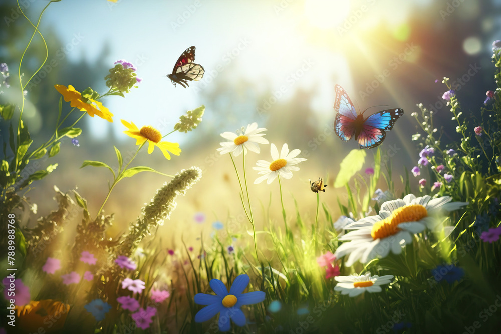 Beautiful butterflies over forest colored flowers with a blurred background. AI generated.