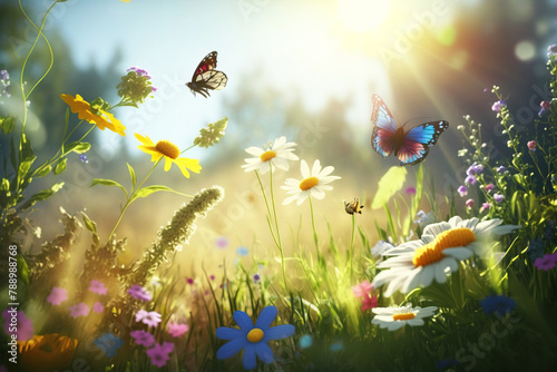 Beautiful butterflies over forest colored flowers with a blurred background. AI generated.