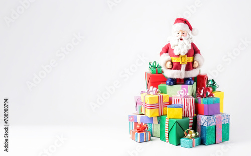 Santa Claus with gift boxes on white background, copy space isolate. AI generated.