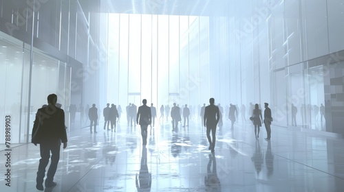 Silhouettes of people traversing a modern architectural hall, 3d rendered