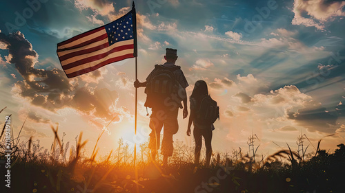 Silhouetted soldiers and child with American flag against dramatic sunset on Independence Day, patriotic landscape scene.