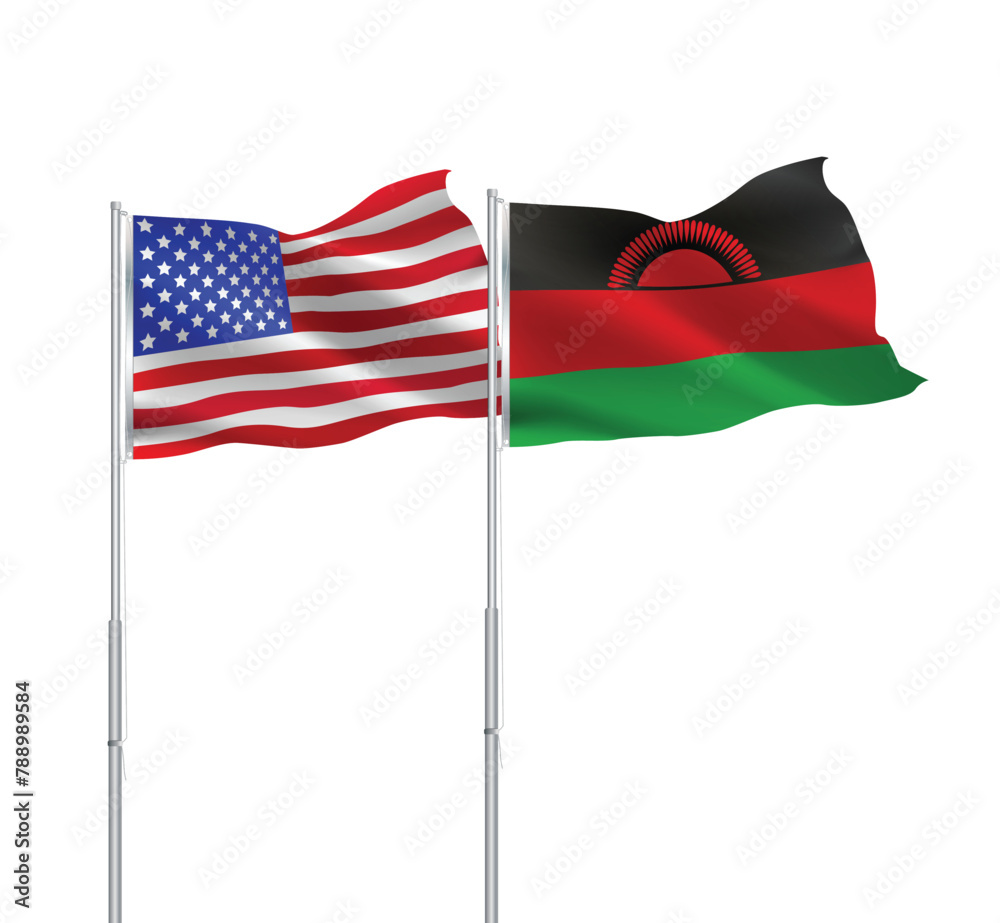 Obraz premium American and Malawi flags together.USA,Malawi flags on pole