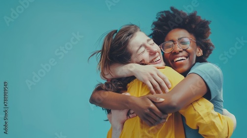 Group of happy multiracial freshmen friends hugging, best friends concept, isolated cut out image photo