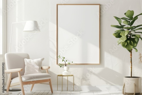 Scandinavian style living room with poster mockup created with generative ai © dendyh7