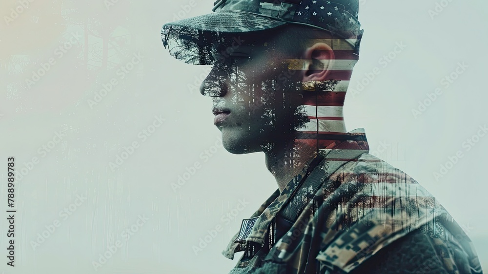 Capture the spirit of Independence Day with a poignant double exposure of an American soldier and flag, symbolizing tribute to service, war, and peace. Ample copy space provided. Capture the spirit of Independence Day with a poignant double exposure of an American soldier and flag, symbolizing tribute to service, war, and peace. Ample copy space provided.