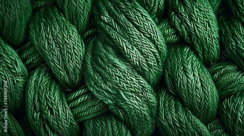Woven green wool fabric texture Hand knitted textile canvas background Patchwork carpet backdrop Factory material threads Abstract design Closeup mockup top view : Generative AI photo