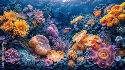 Coral reef with sea anemones of in vivid colors of orange blue and purple.
