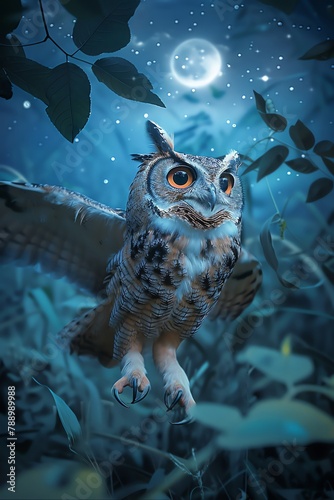 A fantasy scene featuring a cute, bigeyed owl awkwardly learning to fly under a moonlit, starry sky photo