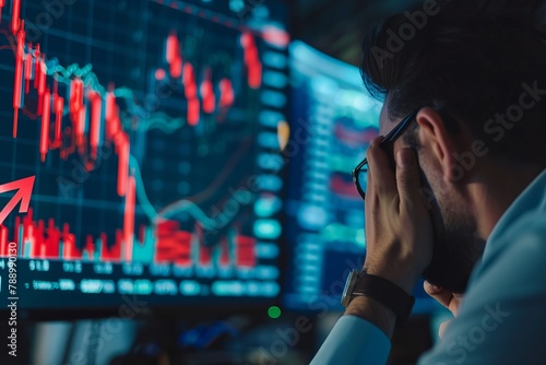 A person frustrated /depressed looking at a downtrend financial chart