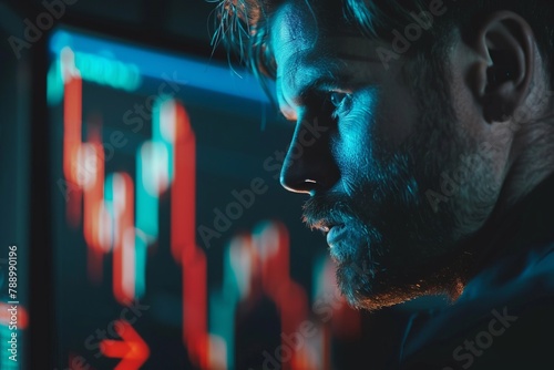 A person frustrated /depressed looking at a downtrend financial chart photo