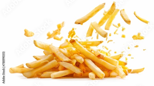 Crispy french fries flying in the air, delicious fast food snack, tasty potato chips on the go