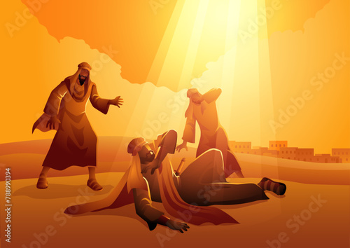 Sauls transformative encounter on the road to Damascus. Saul, later known as Paul, is struck down by divine light, symbolizing the revelation and conversion that would shape the course of Christianity photo