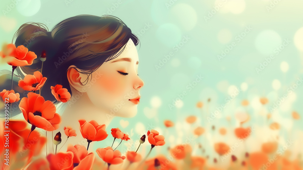 Painted face of a young woman from the side with flowers, Generative AI