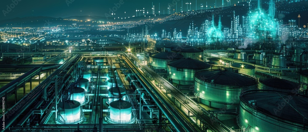 Industrial facility at night, with storage tanks and sprawling pipelines under the glow of blue and green digital data analytics, illustrating efficiency and performance metrics. Industrial facility at night, with storage tanks and sprawling pipelines under the glow of blue and green digital data analytics, illustrating efficiency and performance metrics.