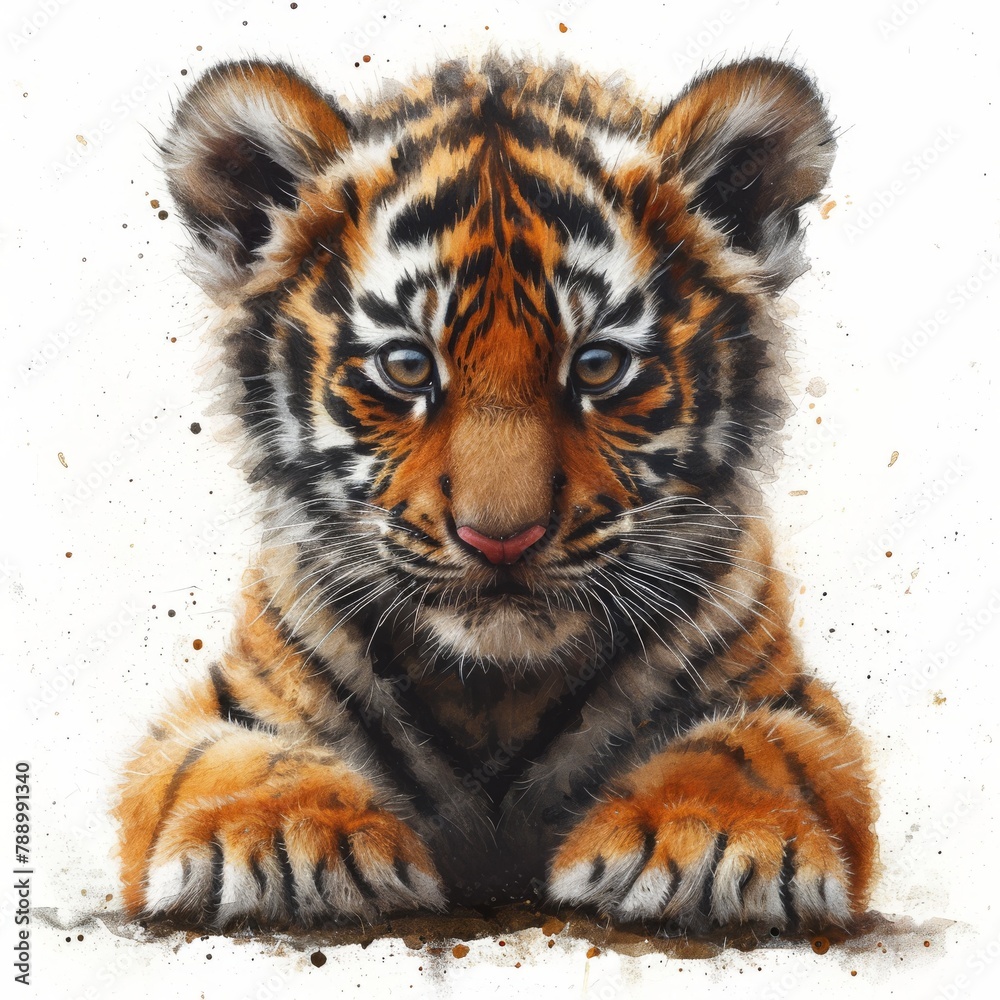 Fototapeta premium Young Bengal Tiger Cub Sitting With an Attentive Gaze Against a White Background