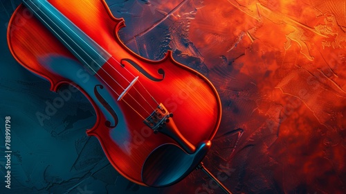 Striking violin on an abstract red and blue background radiates classical music charm