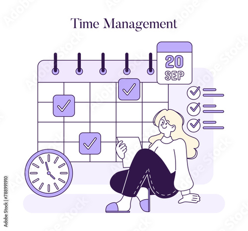 An organized woman efficiently plans her schedule, marking tasks on a calendar, epitomizing structured time utilization