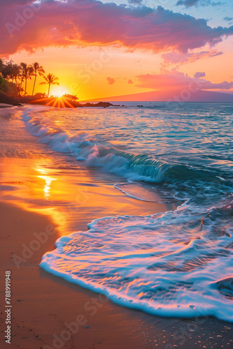 Tropical Beachscape during Golden Hour - Majestic Colorful Sunset by the Ocean © Garrett
