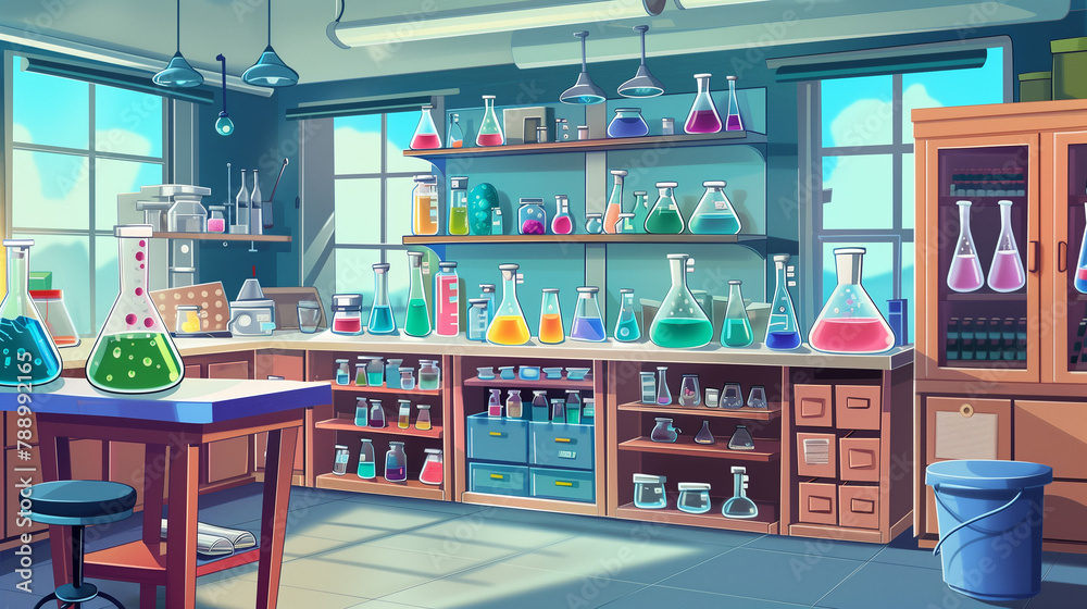 cartoon illustration of Chemistry Science research laboratory with lab equipments