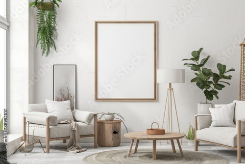 Scandinavian style living room with poster mockup created with generative ai