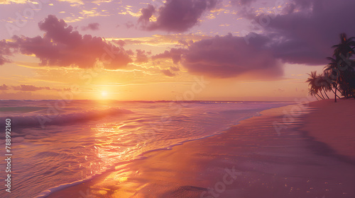 Tropical Beachscape during Golden Hour - Majestic Colorful Sunset by the Ocean