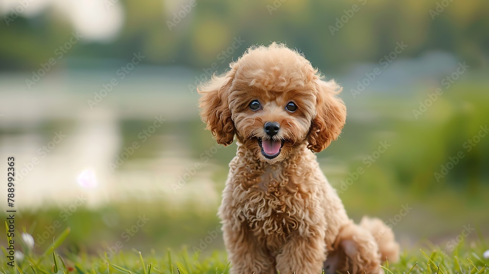 A curly shaggy apricot colored toy poodle puppy has fun in the summer on a walk a lawn and lake for a walk with the dog A curly shaggy apricot colored toy poodle puppy has fun in the summer on a walk a lawn and lake for a walk with the dog